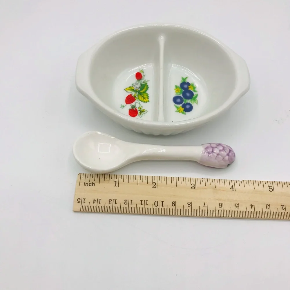 Vintage divided oval ceramic petite jelly/ relish dish with serving spoon.